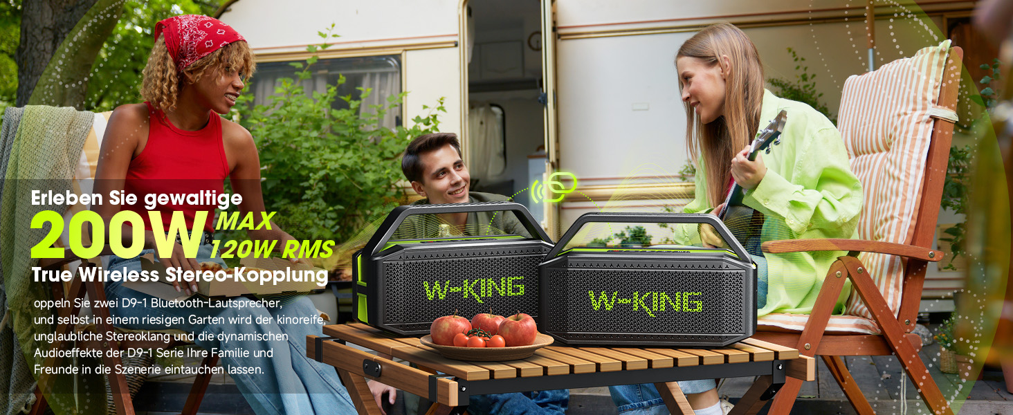 W-KING Bluetooth колонка 100W (60W) IPX6, портативна, глибокий бас, до 40 годин, TF/AUX/EQ, зелена