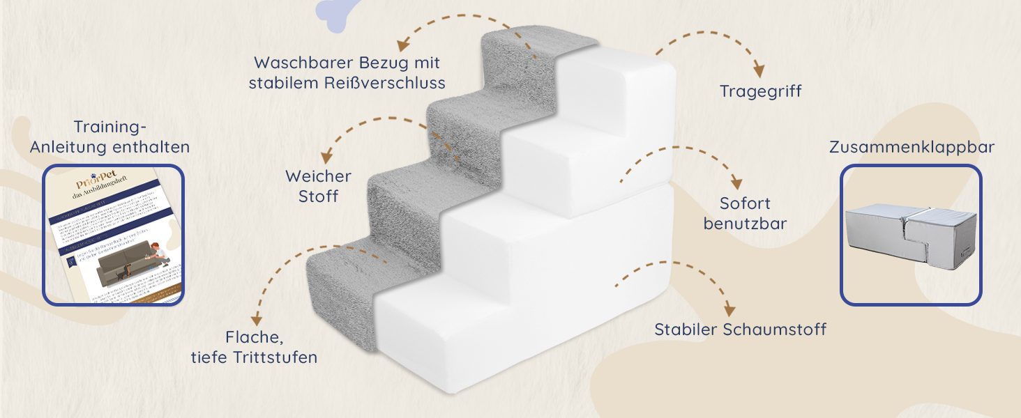 Сходинки для собак на ліжко та диван: 4 сходинки, 58 см, з пінопласту, для маленьких собак, безпечні та стабільні, знімний та пральний чохол, світло-сірий