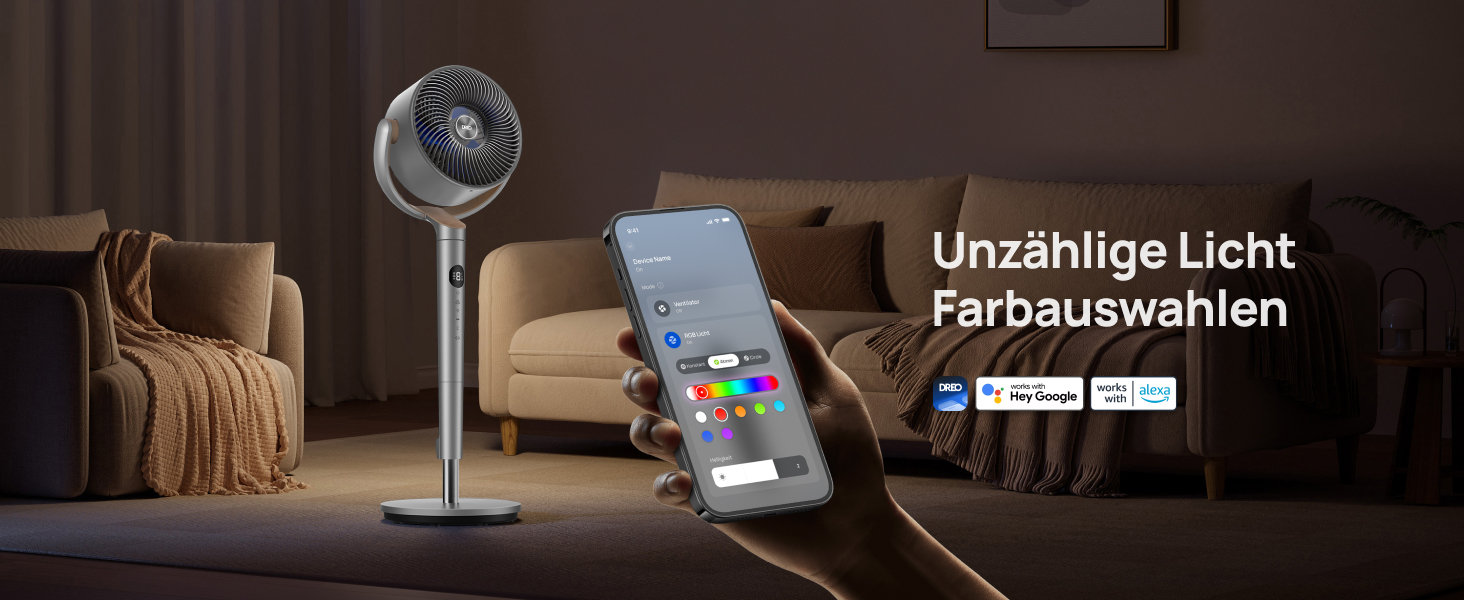 Вентилятор підлоговий Dreo з Wi-Fi та LED, 102 см, 8 швидкостей, 3 режими, 1200 м³/год, срібний