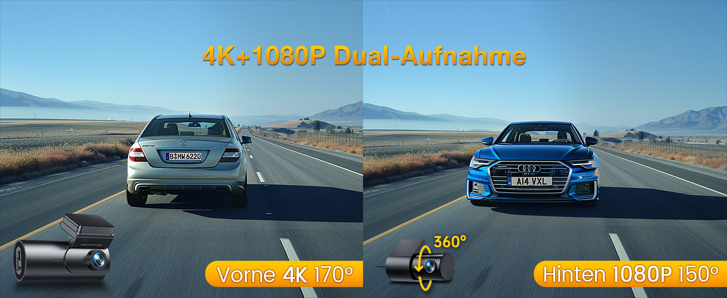 Відеореєстратор GKU 4K Dual з GPS, WiFi, ParkSurv, Нічне Бачення, WDR, 170° та G-Sensor. В комплекті SD-карта 64GB. Чорний