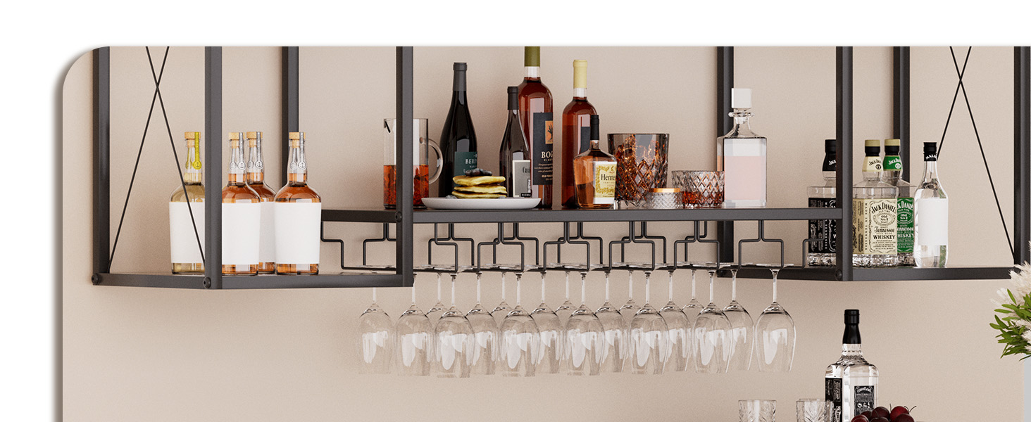 Настінна вітрина для вина UYOYOUS на 2 яруси з металу, 120 см, з 6 тримачами для келихів, барна вітрина для винних пляшок, підвісна вітрина для спиртних напоїв для дому, кухні, їдальні, ресторану, чорна