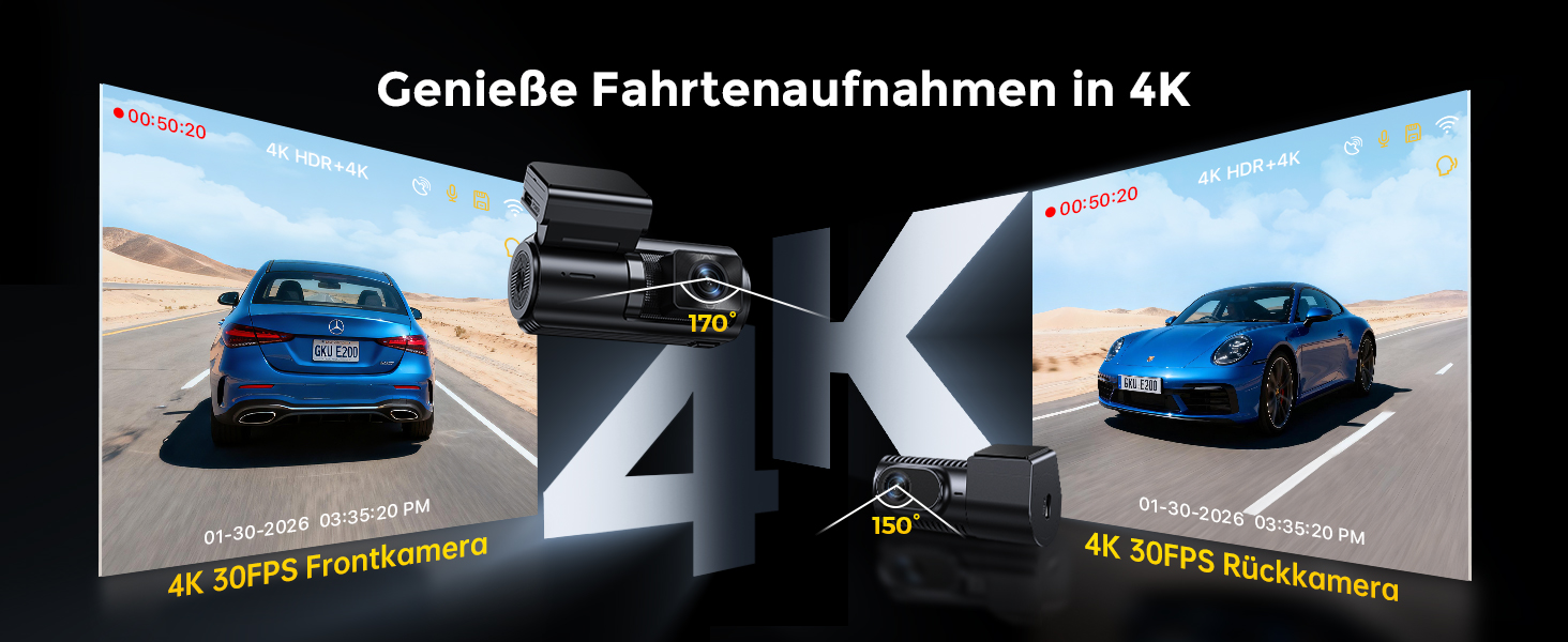 Автомобільний відеореєстратор GKU 4K+4K передній та задній, сенсор STARVIS 2, HDR нічна зйомка (Deep Black)