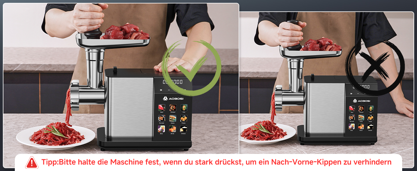 М'ясорубка електрична AAOBOSI 3000W з LED-дисплеєм, 3 швидкості, анти-затор, контейнер для зберігання, для ковбас та кібе, срібляста