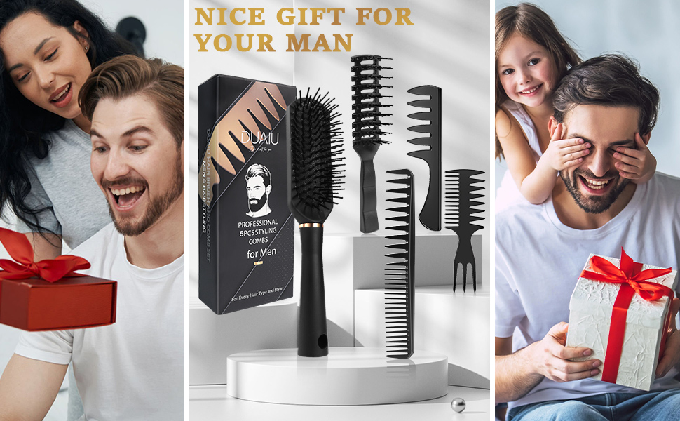Набір для чоловічого стайлінгу DUAUIU: гребінець для волосся, щітка, текстурування, розчісування, укладання. Чорний колір.