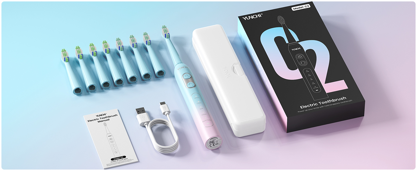 Електрична зубна щітка YUNCHI C2 з 40000 VPM, звукова, для дорослих та дітей, USB-C зарядка, 30 днів роботи, 5 режимів, 8 насадок, рожева/блакитна