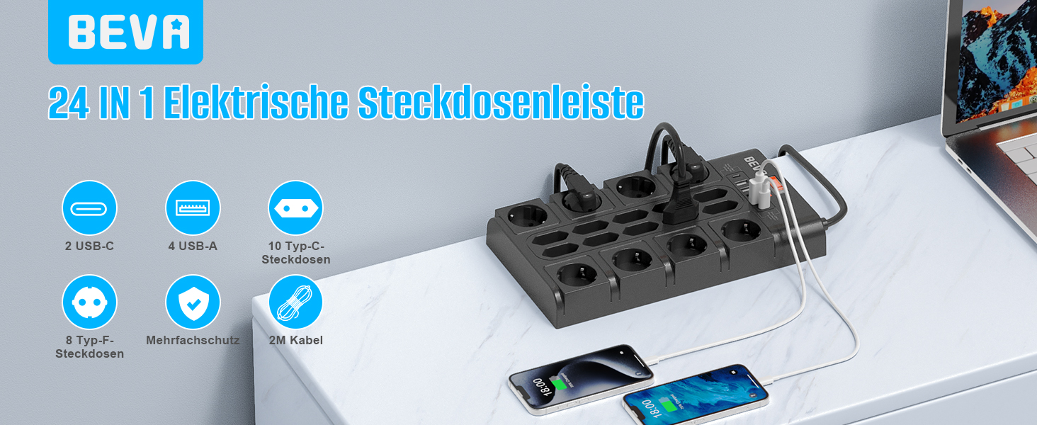 Мережевий фільтр BEVA з 18 розетками, 3680W/16A, захист від перенапруги 2100J, 2 USB-C (15W) + 4 USB-A, з вимикачем, для офісу та дому