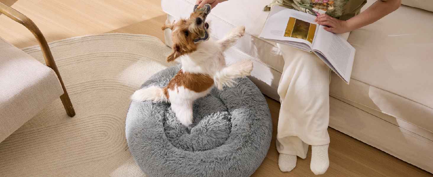 Кругле ліжко для котів та собак BEDSURE, Ø 50 см, плюшеве, кругле, темно-сіре. Підходить для котів та собак маленьких та середніх порід. Розміри: 50x50x13 см