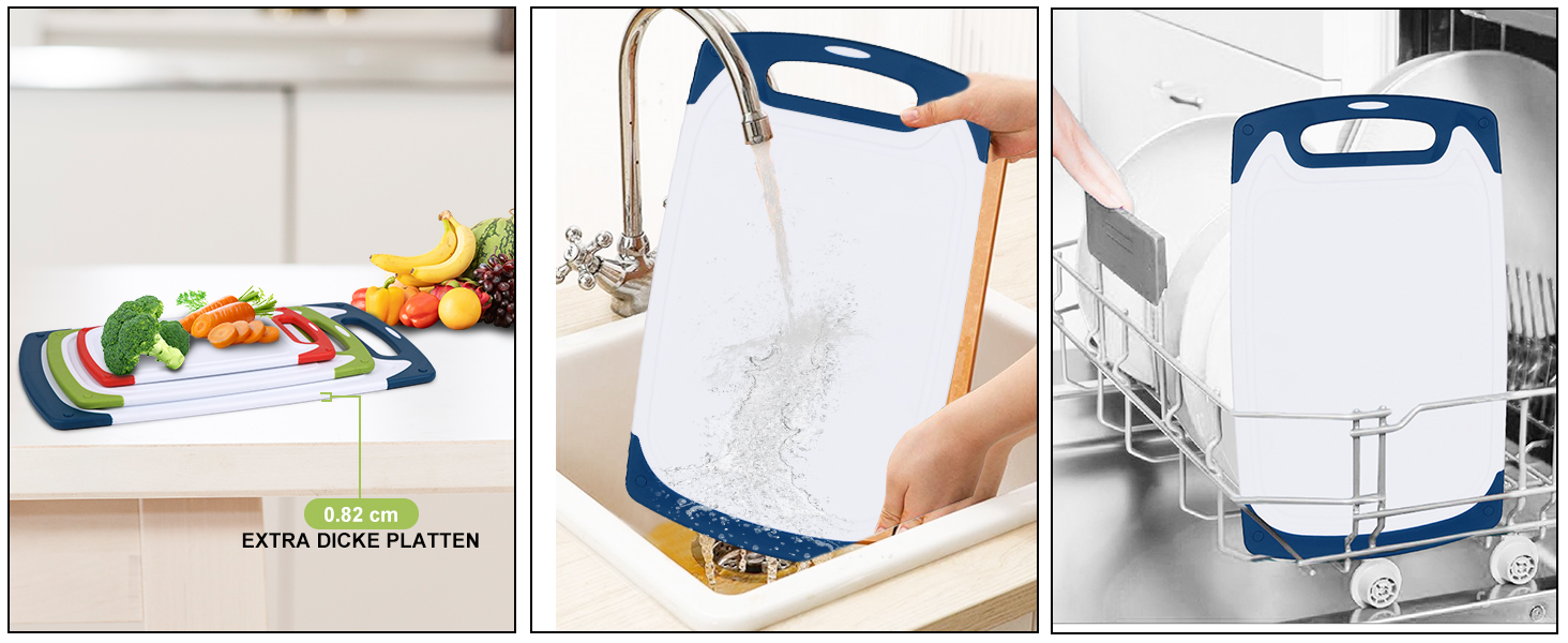 Набір з 3 дерев'яних обробних дощок SKERITO для кухні (синій, зелений, червоний) з антиковзкими ручками та жолобками для соку