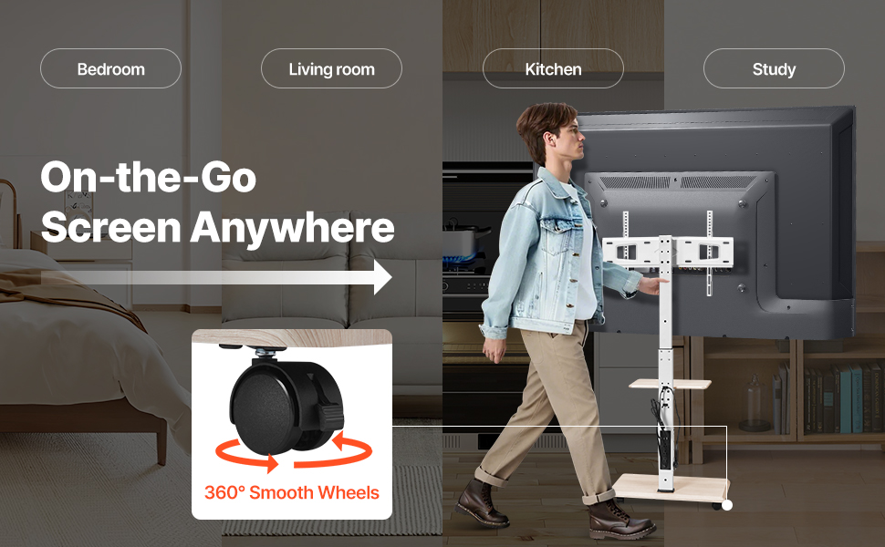 Підставка для телевізора VEVOR на роликах, регульована по висоті, поворотна (25°), з полицею, для телевізорів 81-178 см (до 40 кг), для спальні/вітальні