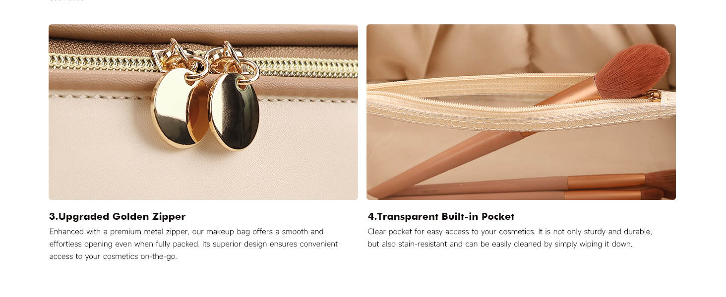 Косметичка велика містка для подорожей, водонепроникна з PU-шкіри, з прозорими перегородками та ручкою, бежева