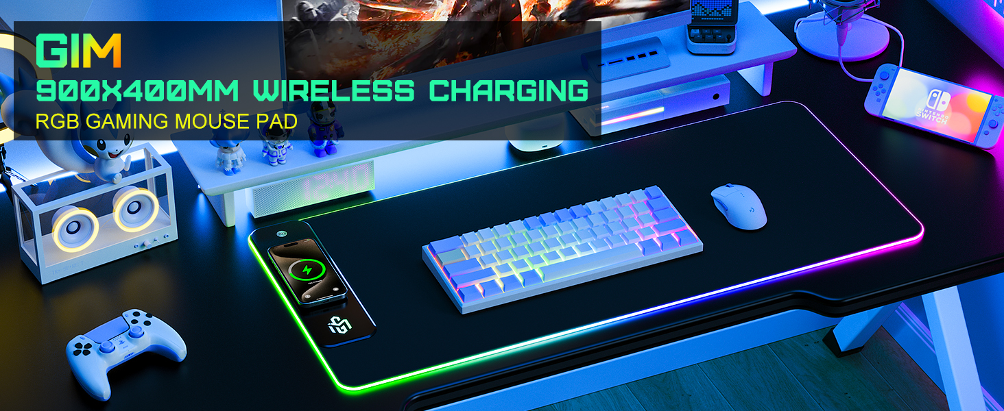 Ігровий килимок для миші RGB з бездротовою зарядкою Qi 15W, 800x350x4мм, 10 режимів підсвічування, швидка зарядка 10W для iPhone та навушників, водонепроникний, протиковзаючий (Чорний-Max)