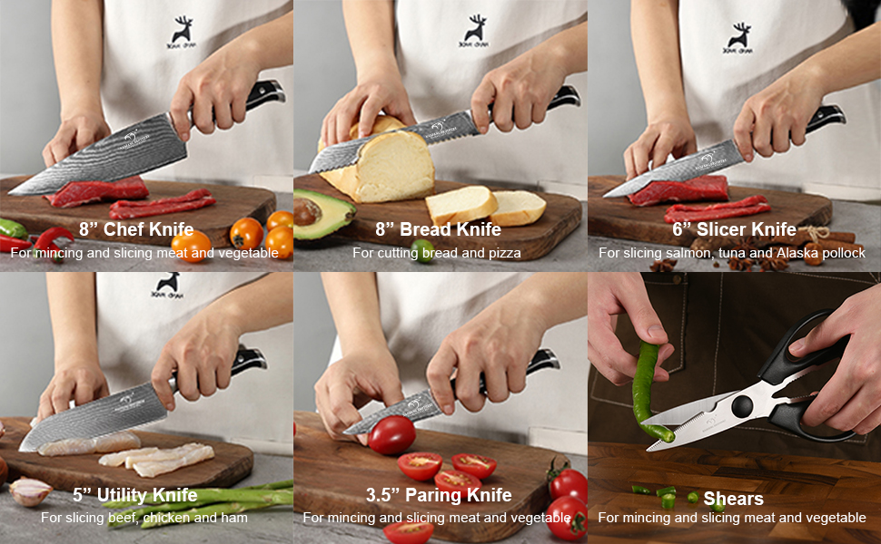 NANFANG BROTHERS 18-Piece Damascus Kitchen Knife Set with Hammered Handles & Wooden Block - Premium Quality