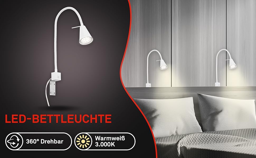 Світлодіодна настінна лампа Briloner з регульованим кутом нахилу, GU10 4.7W, 400lm, тепле біле світло, для читання, біла