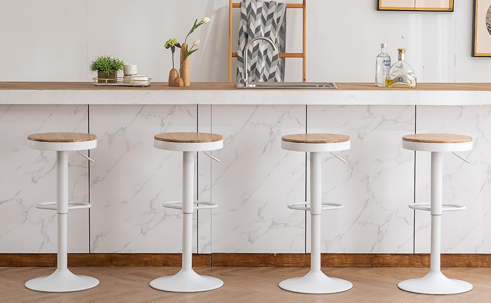 Kidol Adjustable Height Bar Stools 2-Pack - 360° Swivel, Round Wooden Seat on Metal Frame, for Kitchen/Bar/Living Room (White)
