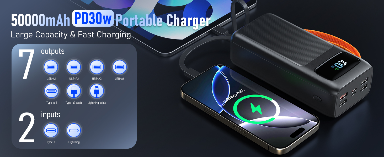 Портативний зарядний пристрій Power Bank 50000mAh з PD 30W, LED-дисплеєм, 7 виходами, ліхтариком та USB-C кабелем. Чорний.