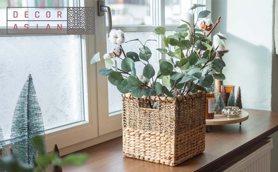 Decorative Basket Storage Woven from Water Hyacinth - Seagrass Rectangular - Shelf Basket Square - Set of 3 (S+M+L) Natural