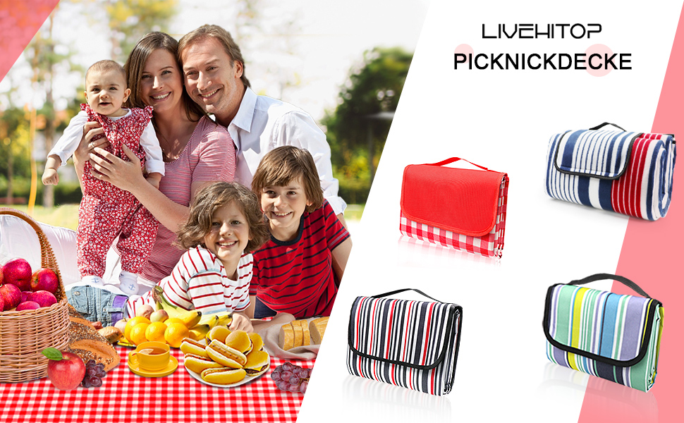 Плед для пікніка LIVEHITOP водонепроникний XXL, великий пляжний плед, складаний килимок для пікніка з ручкою для транспортування, для кемпінгу, парку, барбекю (150 x 200 см, червоно-клітинчастий)