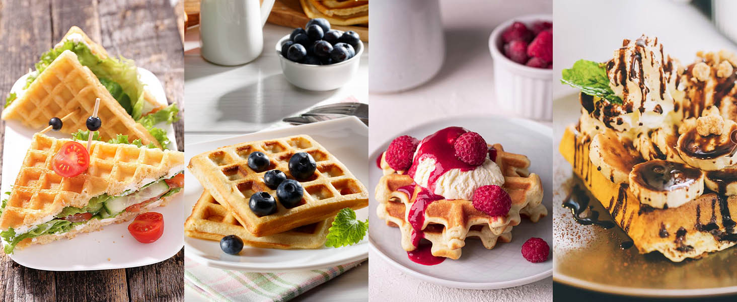 YASHE Belgian Waffle Maker - 4 Square Waffle Plates, 1200W, Non-Stick Coating, Adjustable Browning Control, Overflow Prevention, Silver/Black