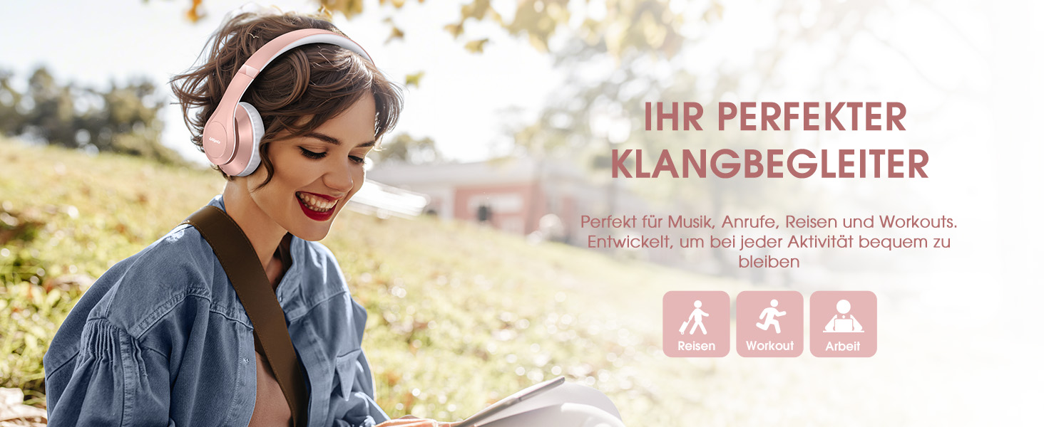 Бездротові навушники Uliptz Over-Ear Bluetooth з 65 годинами роботи, 6 EQ-режимів, HiFi стерео, складні, для подорожей/офісу/телефону/ПК (Рожеве золото)