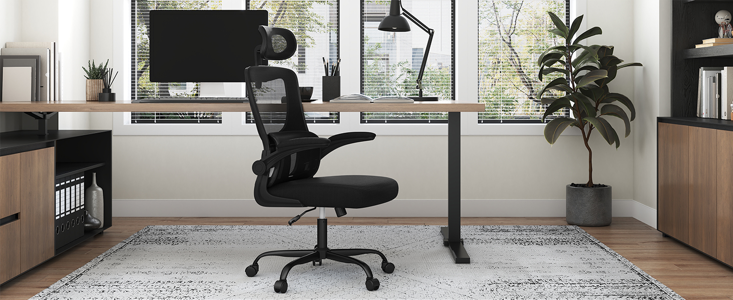 Офісний стіл Woltu: ергономічний крісло з регульованою підголівником, обертовими підлокітниками та підтримкою попереку. Крісло для офісу, витримує до 150 кг, чорний