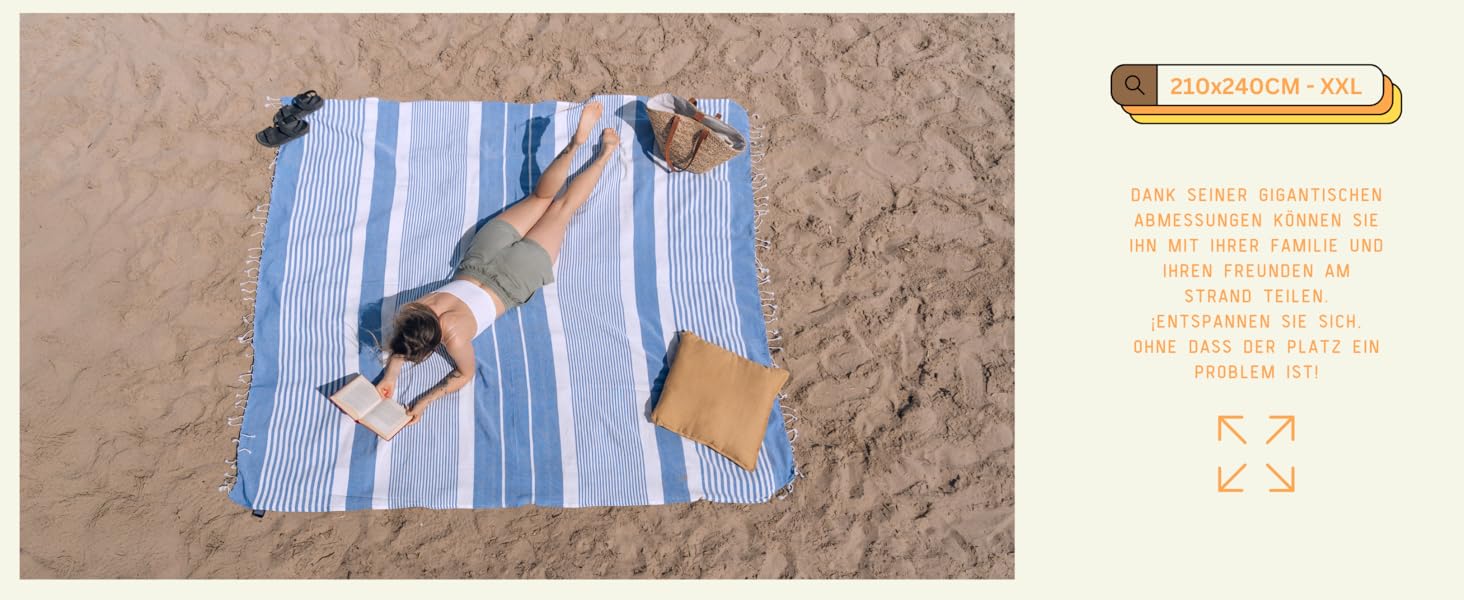 Пляжна хустка-ковдра MOMOMUS XXL бежева 210x240 см - велика, легка, компактна, в бохо стилі, для пікніка та кемпінгу