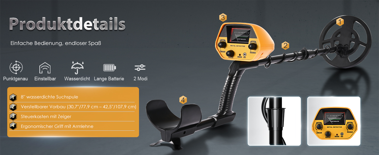 Металодетектор високої точності, вологостійкий, для пошуку золота. Регульована висота 78-108 см, котушка 25 см, роз'єм для навушників, максимальна глибина нажада зсудить</end_of_of_</start_of_of*</end</model]</code></end</model> 