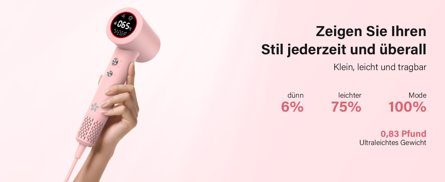 Фен з дифузором, 57dB, швидке сушіння, для подорожей та дому (рожевий)