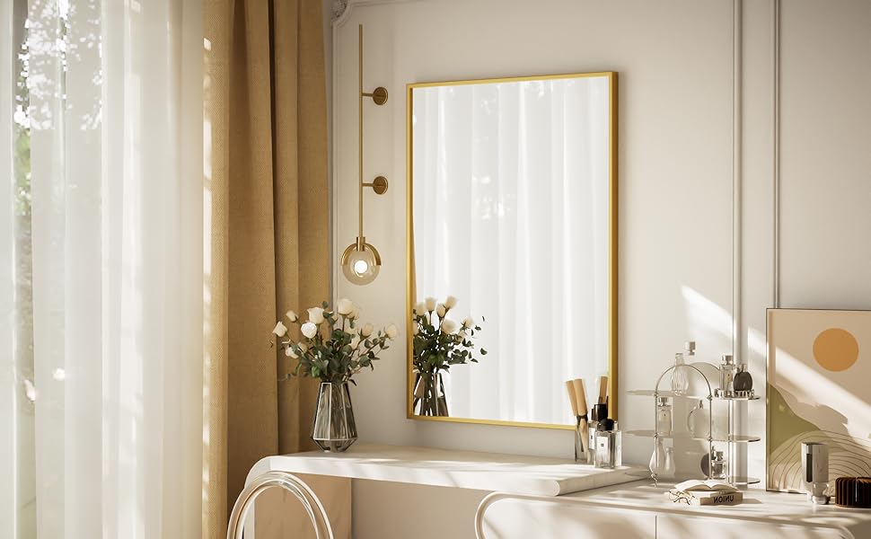 Дзеркало настінне прямокутне Beautypeak 81x61 см з металевим каркасом, безпечне для ванної кімнати, спальні, вітальні, золотий колір