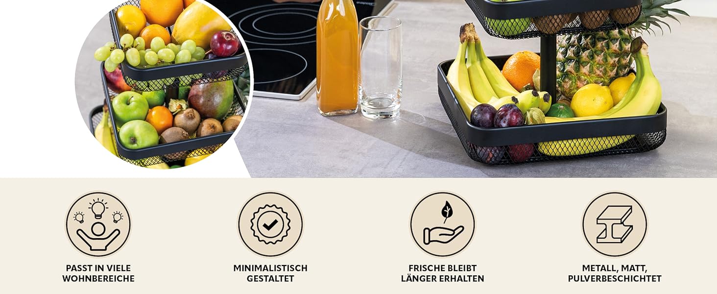 Двоярусна кругла фруктова тарілка Eluno / Корзина для хліба, металева, чорна | Для кухні та вітальні