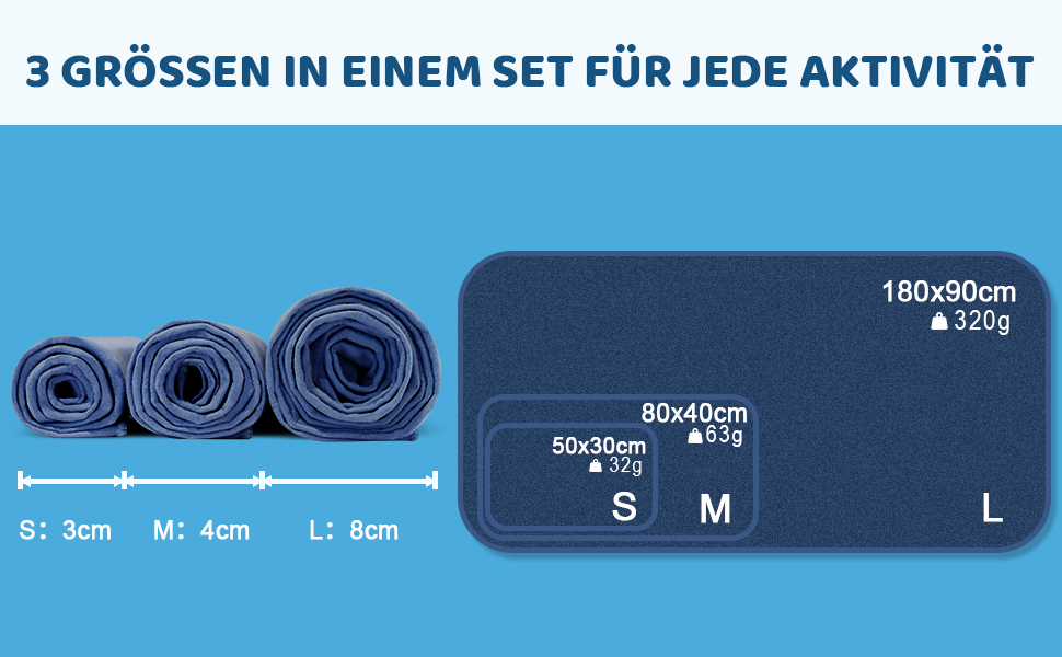 Набір рушників з мікрофібри, швидковисихаючих, 3 шт. (180x90см, 80x40см, 50x30см) для подорожей, спорту, пляжу, блакитний