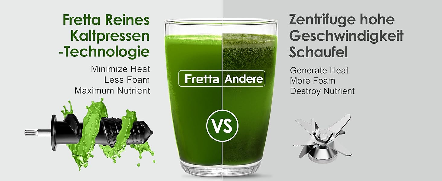 Електричний соковитискач Fretta Slow Juicer з нержавіючої сталі, 200W, Cold Press, велика завантажувальна горловина 76 мм, висока сафровидача, легке очищення, без BPA