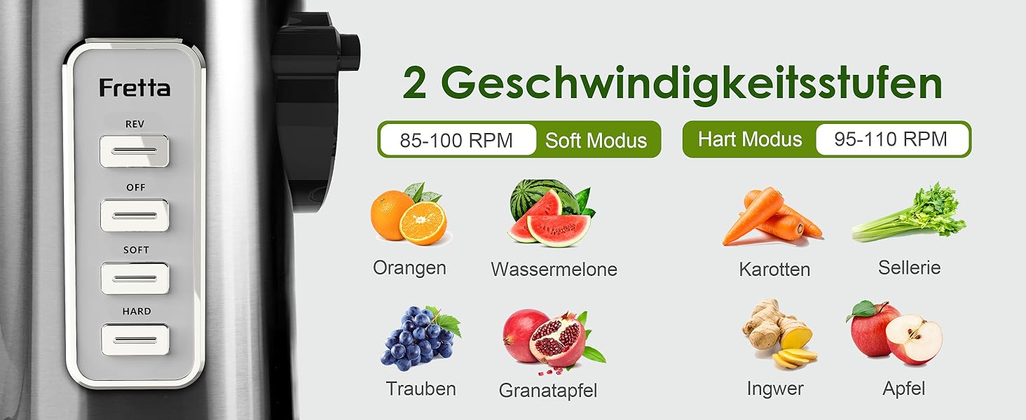 Електричний соковитискач Fretta Slow Juicer з нержавіючої сталі, 200W, Cold Press, велика завантажувальна горловина 76 мм, висока сафровидача, легке очищення, без BPA
