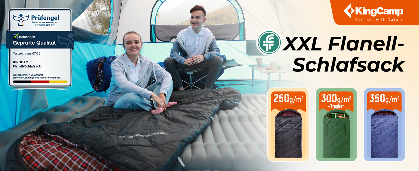 Спальний мішок KingCamp XXL з бавовни фланель для дорослих, великий розмір, теплий, зимовий для кемпінгу, подорожей та активностей на відкритому повітрі, 4-сезонний, 220x100 см, синій