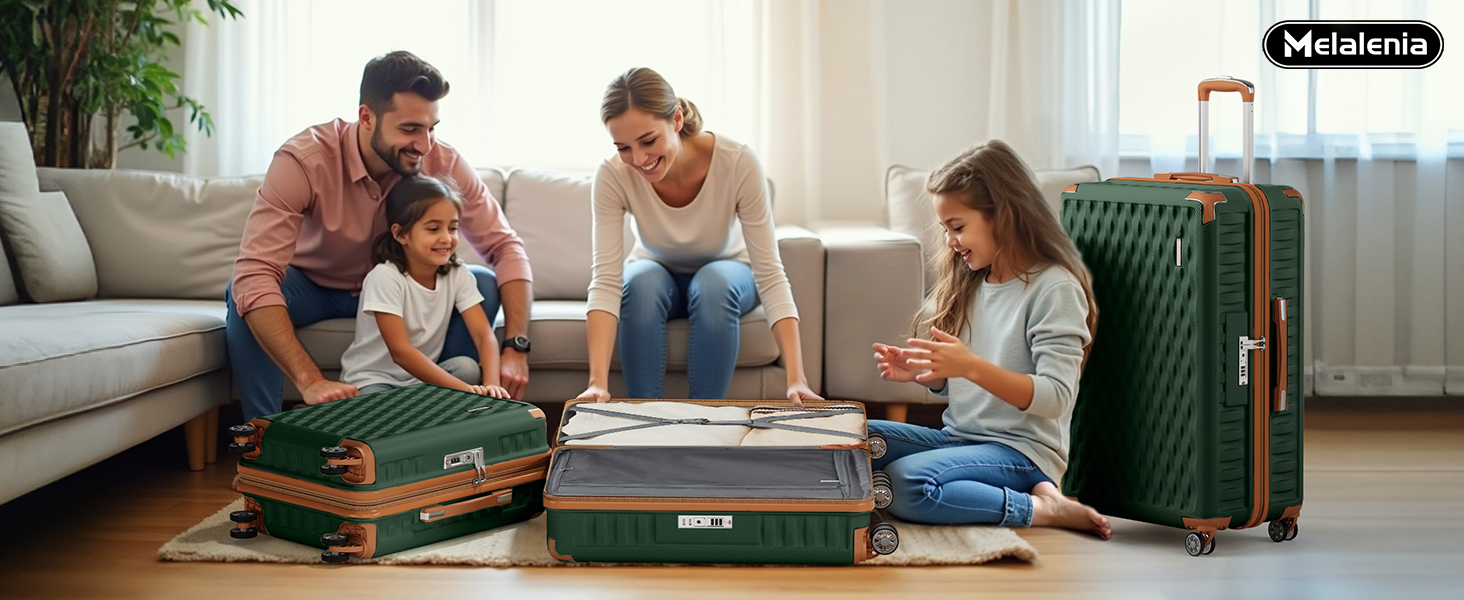 Набір валіз Melalenia 7 предметів з жорстким корпусом, легкий, на 4 колесах з TSA-замком. Включає косметичку, сумку для подорожей та кулькову сумку (зелений, 53см, набір ручної поклажі 4 предмети)