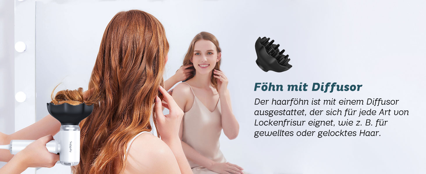 Подорожній фен з дифузором, легкий та компактний 1500W, Supgaliy Mini Іонний фен (290г, суперлегкий, 2 аксесуари для укладки, 4 температурні режими, 2 швидкості повітря)