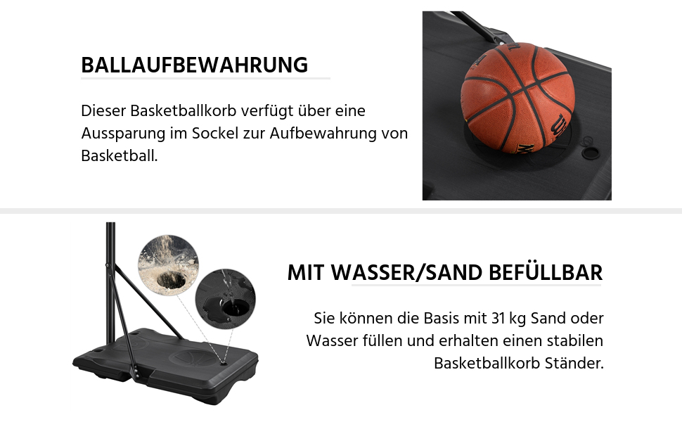 Yaheetech Adjustable Height Basketball Stand with Wheels - Mobile Basketball Hoop, Water or Sand Fillable, Indoor/Outdoor Basketball System - 226.5cm - 256.5cm