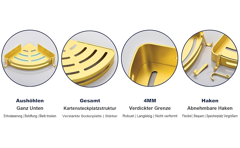 Поличка для душу без свердління, кутова поличка для ванної кімнати з алюмінію Space, трикутна корзина для душу з гачками, органайзер для шампуню, антикорозійна (2 шт., піскоструминне золоте покриття)