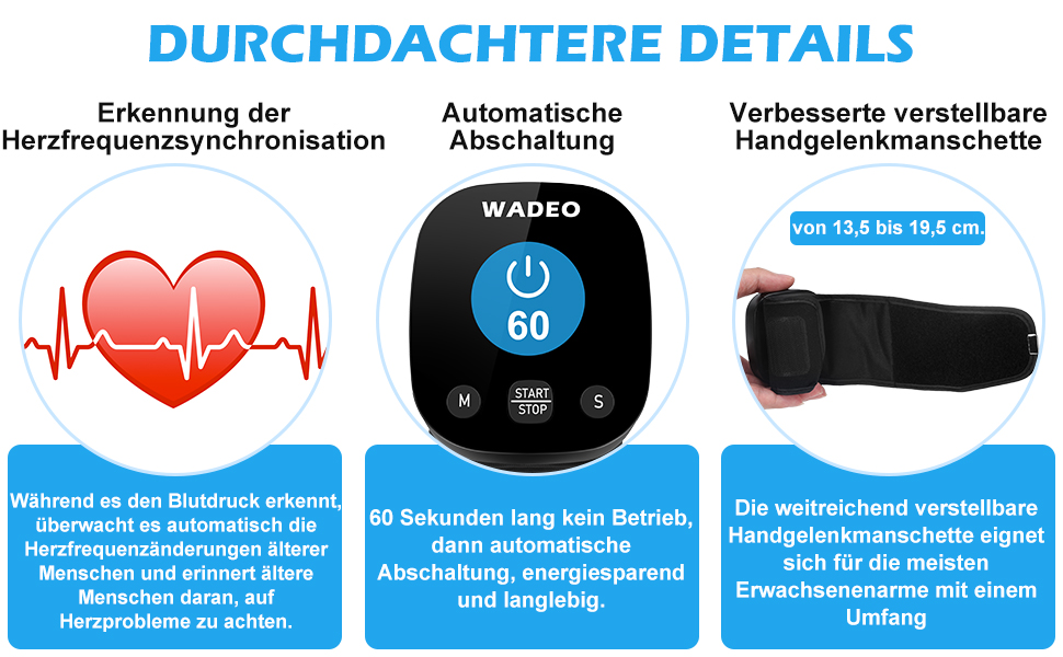 Цифровий тонометр WADEO на зап'ясті, мовлення 5 мовами, виявлення аритмії, портативний тонометр для дому та подорожей, 2 x 99 пам'ять, з батарейками та коробкою для зберігання, білий (чорний)