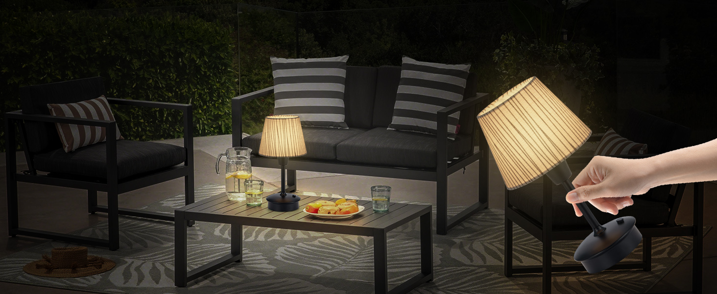 Акумуляторна настільна лампа: портативна, бездротова з димером, для дому та саду, з абажуром з льону, антична металева біла, з смугастим абажуром (чорно-білий)