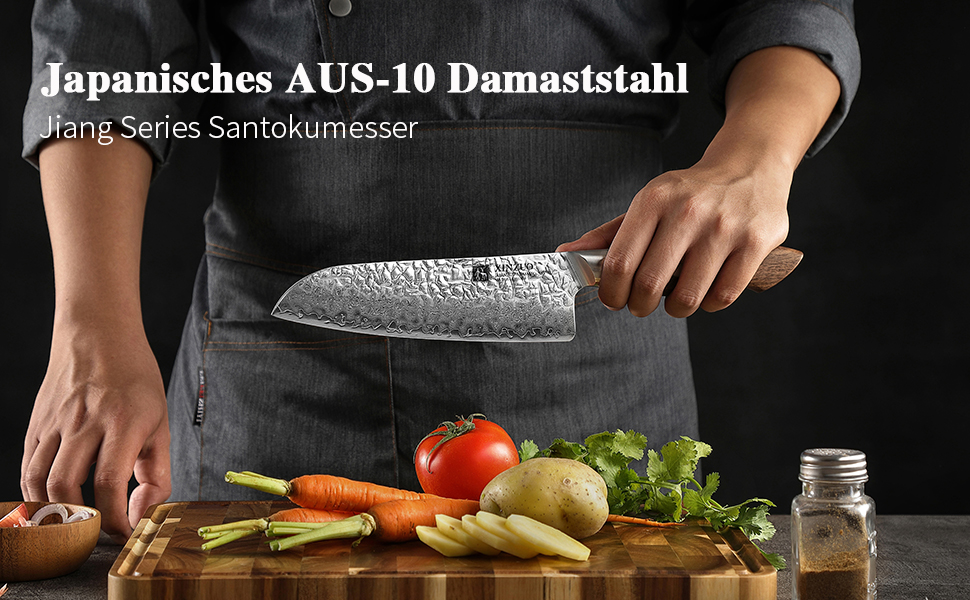 Японський кухонний ніж XINZUO Santoku з дамаської сталі (AUS-10) - професійний ніж шеф-кухаря з чорним дерев'яним руків'ям з горіха