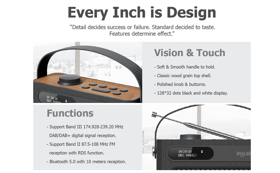 Inscabin M60: Портативне DAB/DAB+ FM-радіо з Bluetooth, стерео та подвійним будильником. Акумуляторний, стильний дизайн (білий)