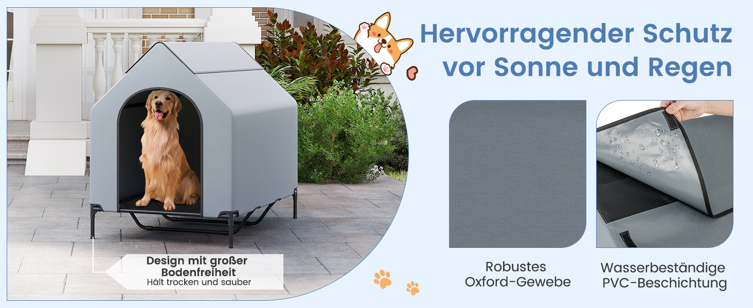 Будка для собак COSTWAY 2 в 1 з піднятим ліжком, Outdoor, сірий Оксфорд (84 x 132 x 114 см)