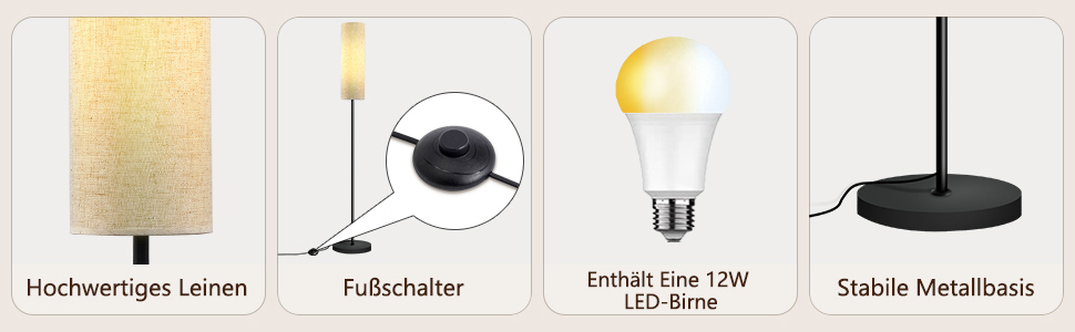 LED торшер для вітальні Hzitcigm: сучасний дизайн, 3 колірні температури, 12W, E27, з абажуром з льону, регулювання за допомогою вимикача, 175 см