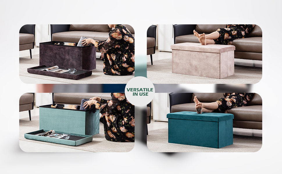 Складана оксамитова банкетка HNNHOME 110×40×40 см, сіра, пуф-оттоманка з кришкою для зберігання іграшок, для вітальні й спальні, екстравелика