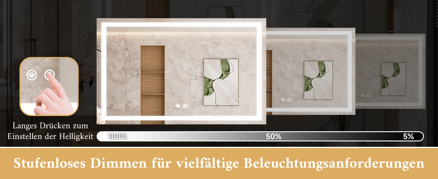Дзеркало для ванної кімнати TETOTE з підсвічуванням 50x70 см, без рами, LED, сенсорне керування, 3 кольори, регулювання яскравості, пам'ять, 70 см x 50 см