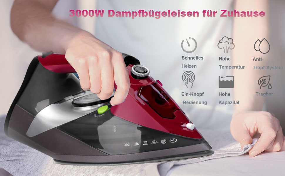 Відпарювач для одягу 3000W з керамічною підошвою - відпарювач з кабелем, самоочищення, резервуар 340мл, автоматичне вимкнення, червоний