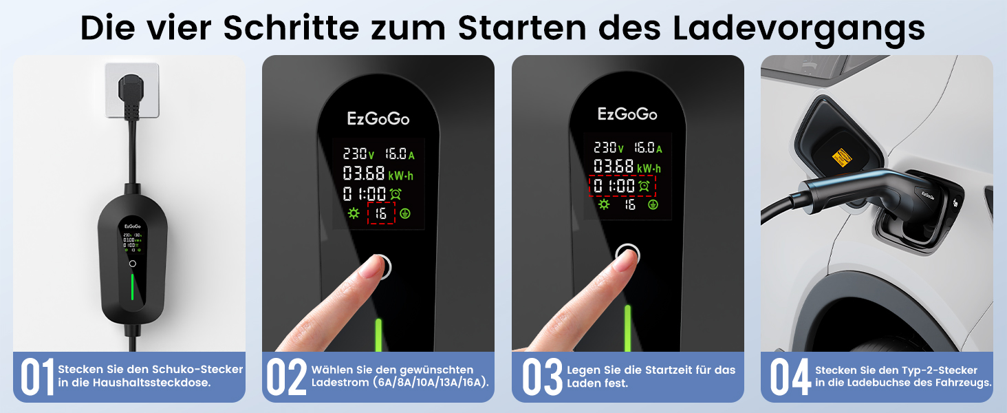 Кабель для зарядки електромобіля EzGoGo Type 2 Schuko 3.68 кВт, 10 м, 1 фаза, 6-16A, з LCD-дисплеєм та захистом IP65