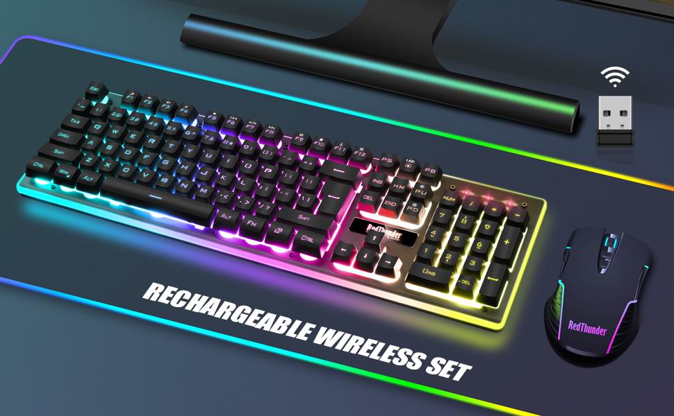 Бездротова ігрова клавіатура та миша RedThunder K10 з підсвічуванням LED, акумулятор 3800 mAh, механічне відчуття, Anti-Ghosting, миша 3200 DPI, QWERTY-розкладка, для PC, чорний колір