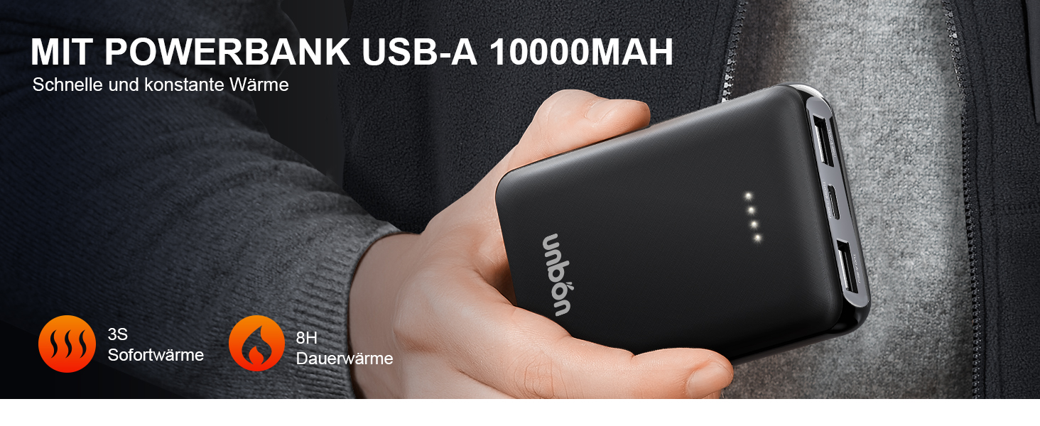 UNBON Грівальна жилетка для чоловіків, флісова жилетка з підігрівом, Powerbank 10000mAh, USB, 3 режими нагріву, 6 зон нагріву, чорний