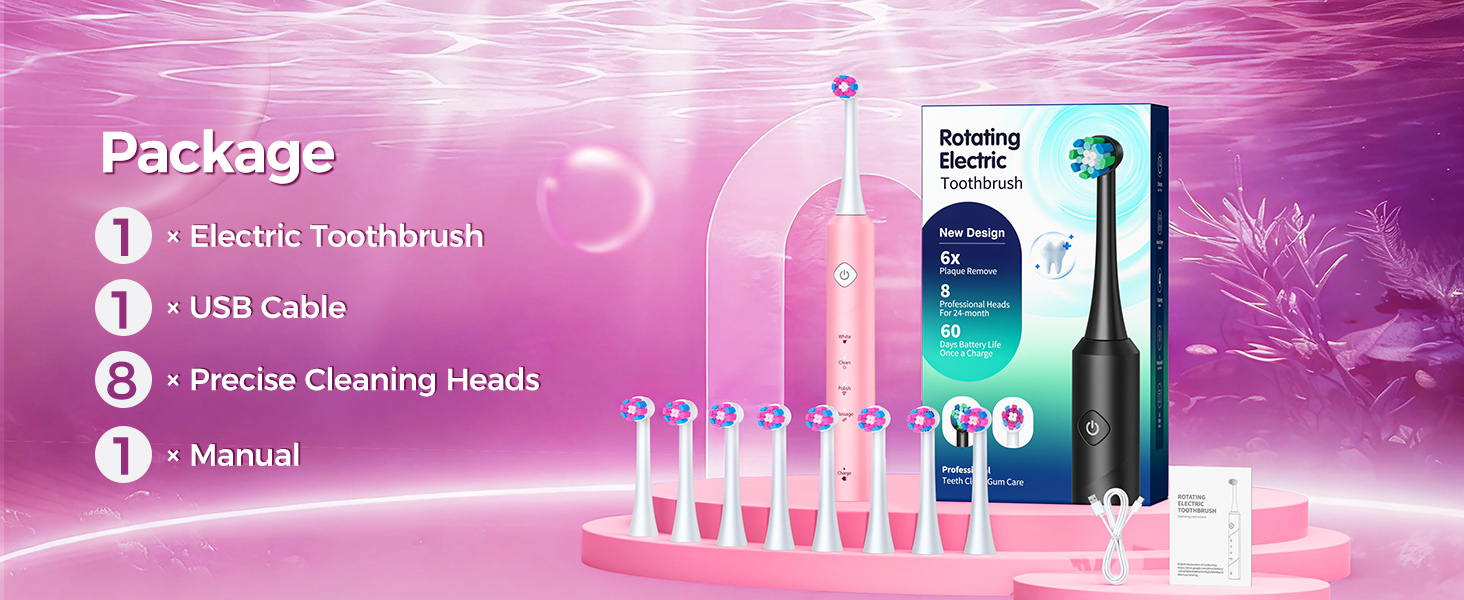 Електрична зубна щітка Rotierende для дорослих з 8 насадками, 4 режимами чищення, 60 днями роботи від акумулятора та розумним таймером 2 хв - професійна (Рожева)